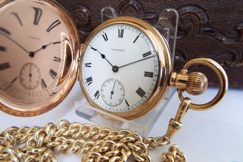 fig 1. 1905 Waltham hunter watch & silver gilt albert