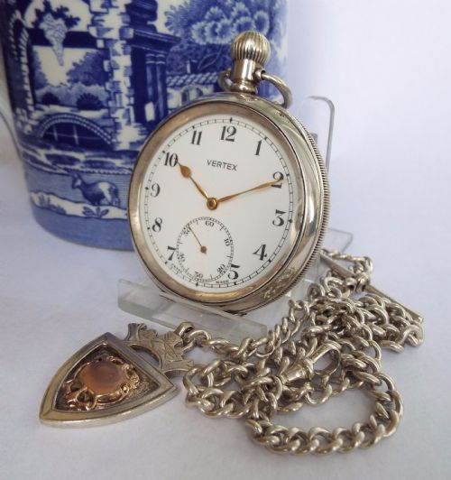 Antique Silver Vertex Pocket Watch and Albert