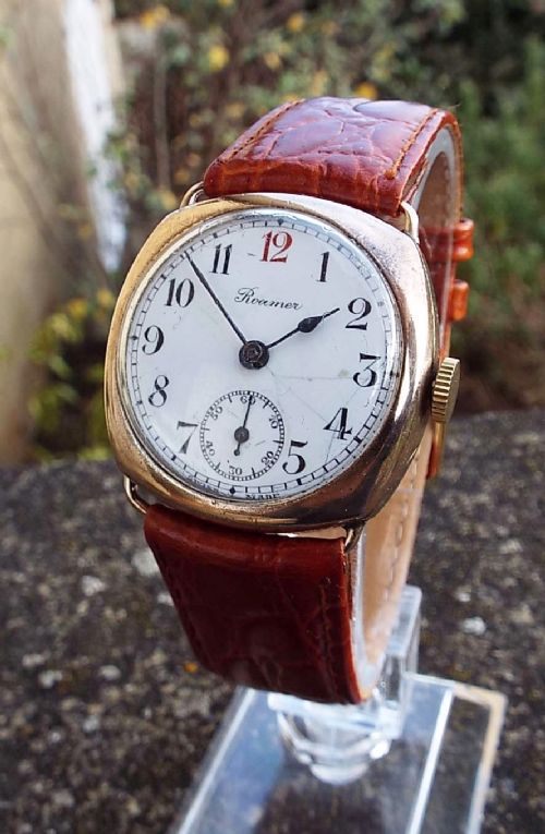 fig 1. A gents 1920s Roamer cushion cased wrist watch.