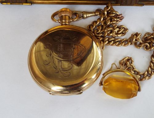 fig 1. Antique Cyma gold plated pocket watch and albert