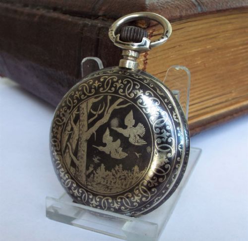 fig 1. Antique niello hunter pocket watch, Aeby & Landry