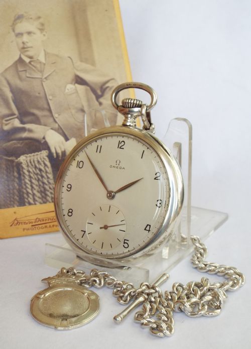 1940s Silver Omega Pocket Watch with Chain
