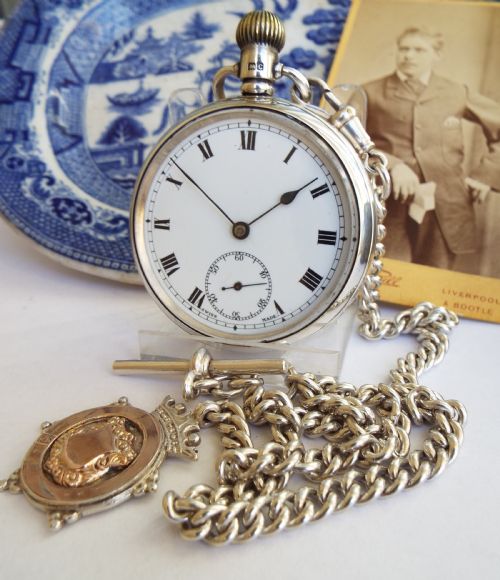 1927 Silver Revue Pocket Watch with Chain