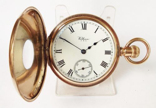 fig 1. Antique 1917 Waltham Traveler half hunter pocket watch.