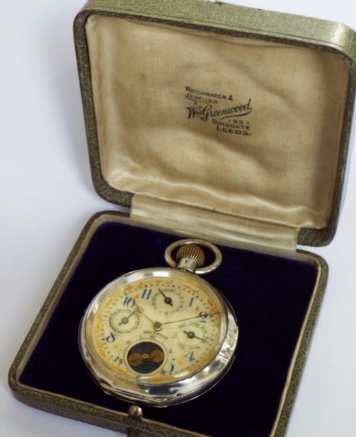 fig 1. Antique silver triple date pocket watch, Sandoz-Boucherin