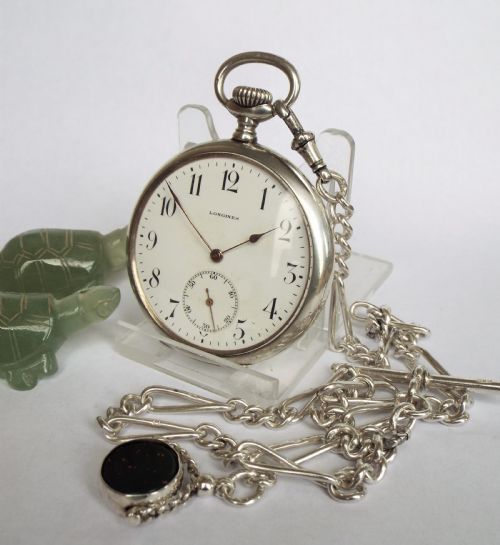 1923 Silver Longines Pocket Watch, Chain & Swivel