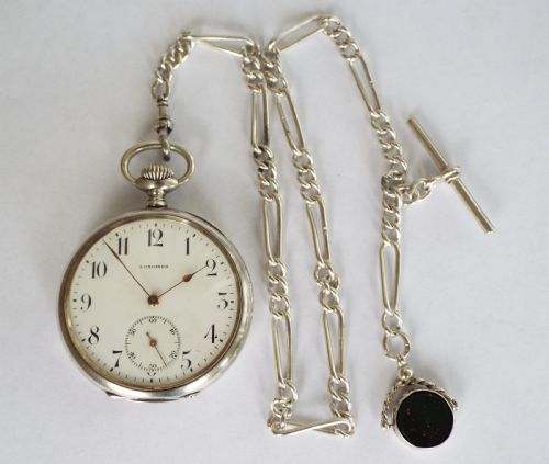 fig 1. 1923 silver Longines pocket watch, chain & swivel
