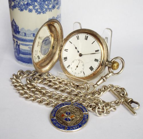 Silver Hunter Brandt Omega Pocket Watch & Chain
