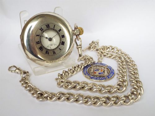 fig 1. Silver hunter Brandt Omega pocket watch & chain