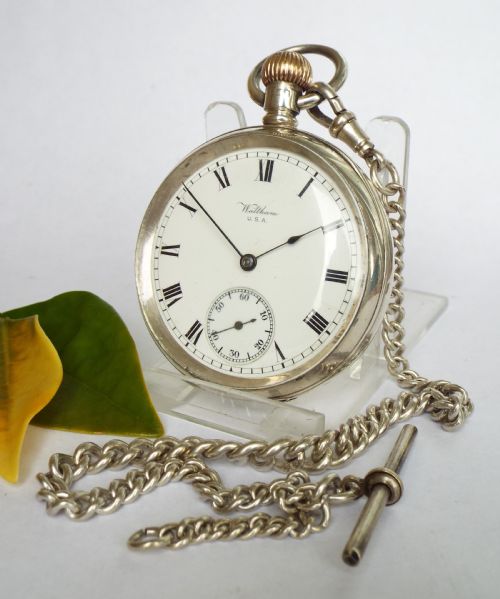 1909 Silver Waltham Marquis Pocket Watch & Chain