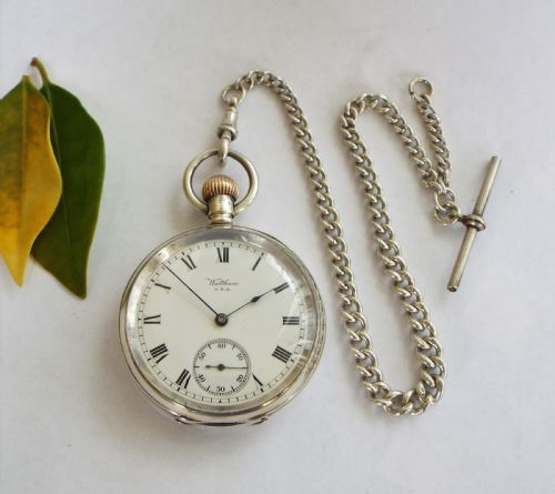 fig 1. 1909 silver Waltham Marquis pocket watch & chain