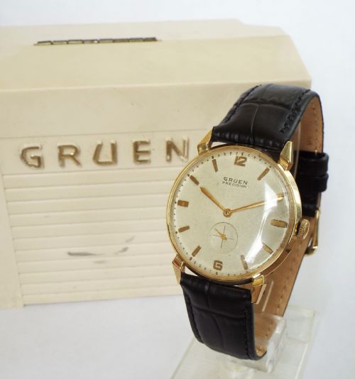 fig 1. Gents boxed 1950s Gruen Precision wrist watch