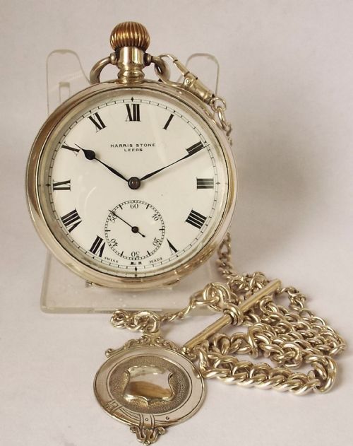 Antique 1913 Silver Harris Stone Pocket Watch & Chain.