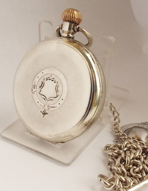 fig 1. Antique 1913 silver Harris Stone pocket watch & chain.