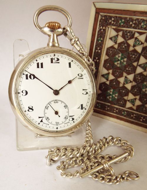 Antique Silver 1919 Swiss Pocket Watch and Chain.