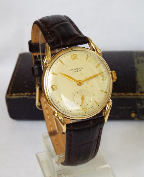 fig 1. Gents boxed 9 carat gold wrist watch from J W Benson, 1954.