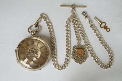 fig 1. Antique silver Waltham pocket watch and albert