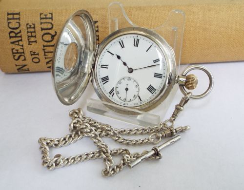 fig 1. 1907 silver half hunter pocket watch and chain