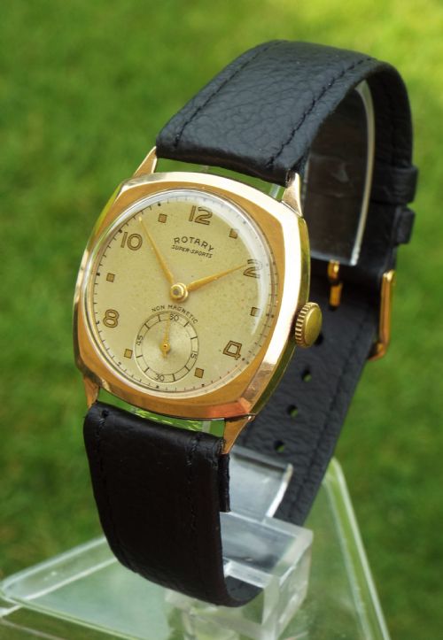 fig 1. 9ct gold Rotary Super-Sports wrist watch, 1957