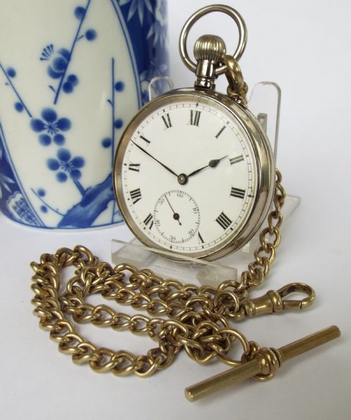 Antique Pin-set Swiss Pocket Watch and Chain, Circa 1910s