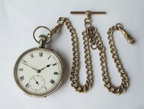 fig 1. Antique pin-set Swiss pocket watch and chain, circa 1910s