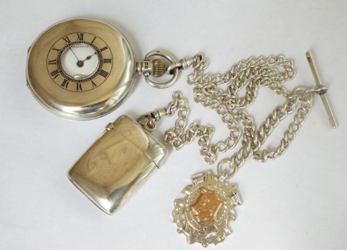 Waltham Silver Half Hunter Pocket Watch and Accoutrements