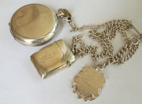 fig 2. Waltham silver half hunter pocket watch and accoutrements