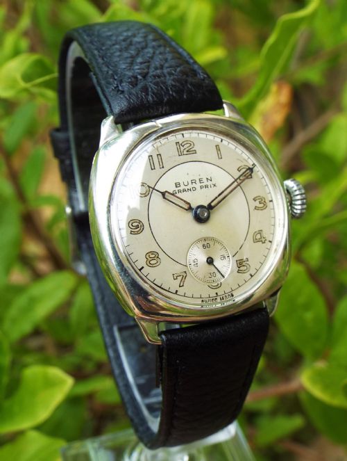 fig 1. 1950s silver Buren Grand Prix wrist watch