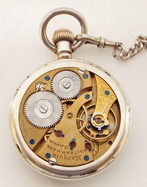 fig 2. An antique silver Waltham Marquis pocket watch & chain.