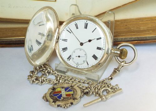Antique Longines Silver Hunter Pocket Watch and Chain