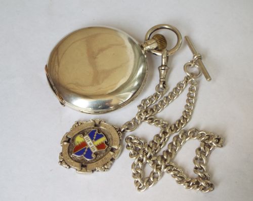 fig 1. Antique Longines silver hunter pocket watch and chain