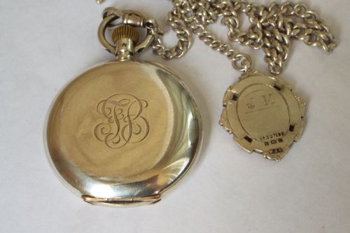 fig 2. Antique Longines silver hunter pocket watch and chain