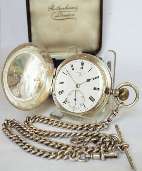 Antique Rotherhams Silver Hunter Pocket & Chain