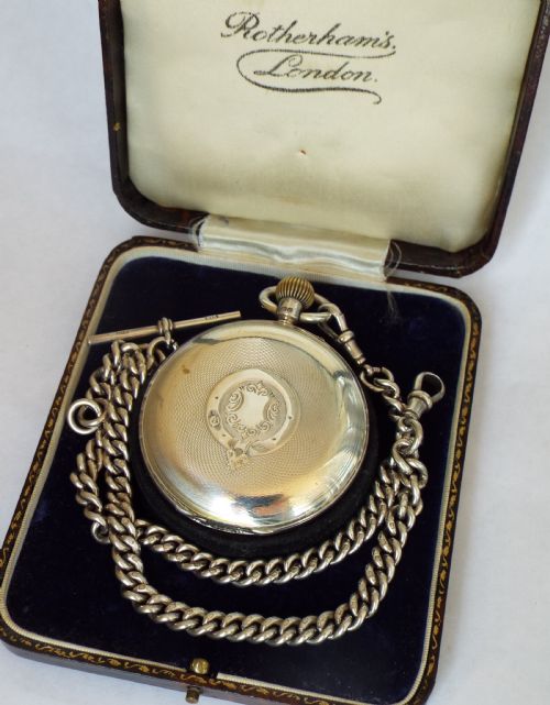 fig 1. Antique Rotherhams silver hunter pocket & chain