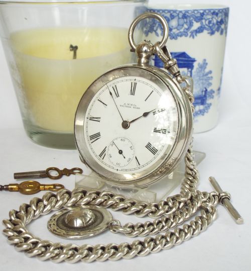 Heavy Antique Silver Waltham Pocket Watch & Chain
