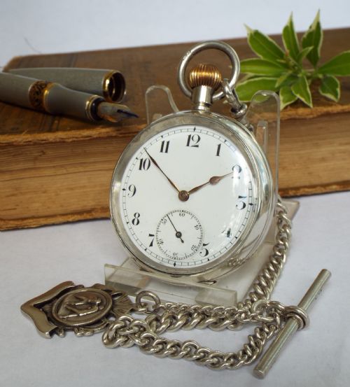 Antique 1913 Swiss Silver Pocket Watch and Chain