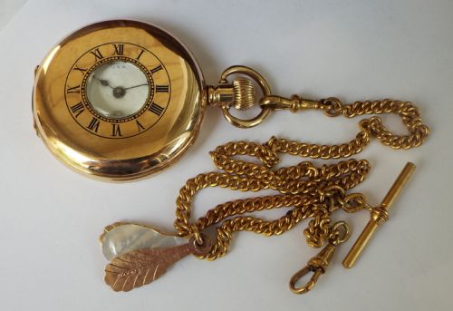 fig 1. Antique Waltham half hunter pocket watch and chain