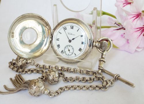 Ladies Antique Waltham Silver Half Hunter and Albertina