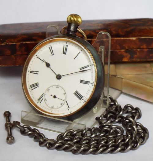 Antique Gun Metal Omega Pocket Watch and Chain