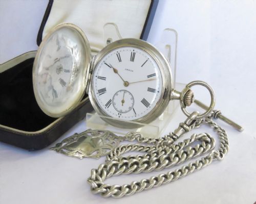 Antique Silver Omega Hunter Pocket Watch and Chain