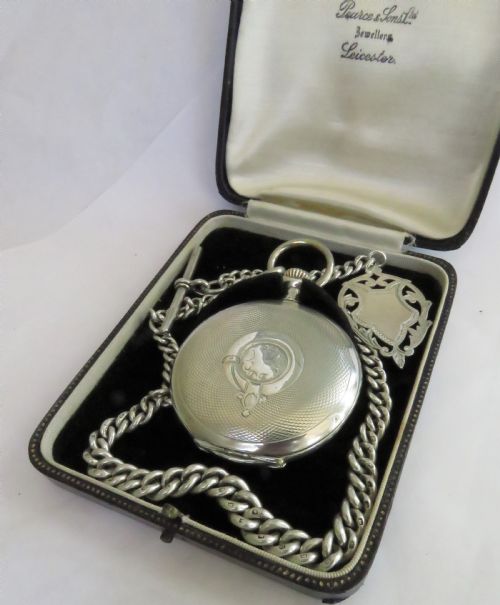 fig 1. Antique silver Omega hunter pocket watch and chain