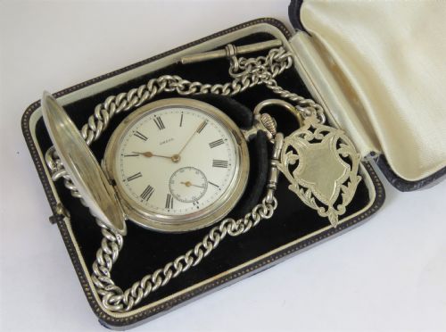 fig 2. Antique silver Omega hunter pocket watch and chain