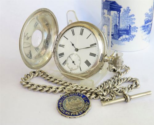 Antique Silver Half Hunter Pocket Watch and Albert
