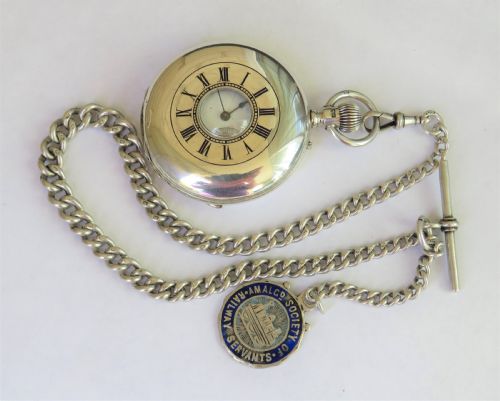 fig 1. Antique silver half hunter pocket watch and albert