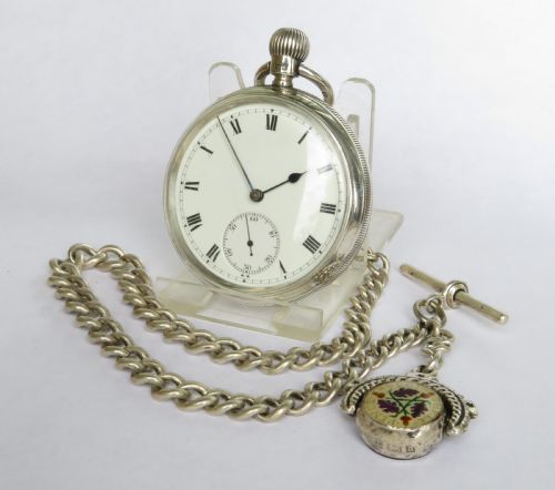 Antique Silver Pocket Watch with Chain and Swivel