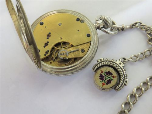 fig 1. Antique silver pocket watch with chain and swivel