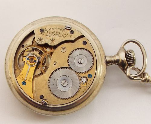 fig 2. Antique 1913 Waltham Traveler pocket watch and chain.