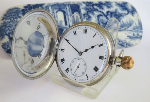 fig 1. Antique Leal Chatelain Dreadnought silver half hunter pocket watch