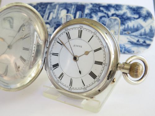 Antique English Silver Hunter Chrono  Pocket Watch