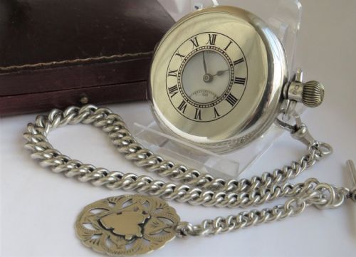 fig 1. Benson silver hunter pocket watch, chain & box